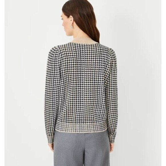 Ann taylor Houndstooth  Sweater XXL Black Gold Shimmer Jacquard Metallic NEW - Picture 3 of 13